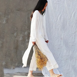 复古宽松袍子中国风文艺棉麻长袖连衣裙禅服长款仙气盘扣茶服白色