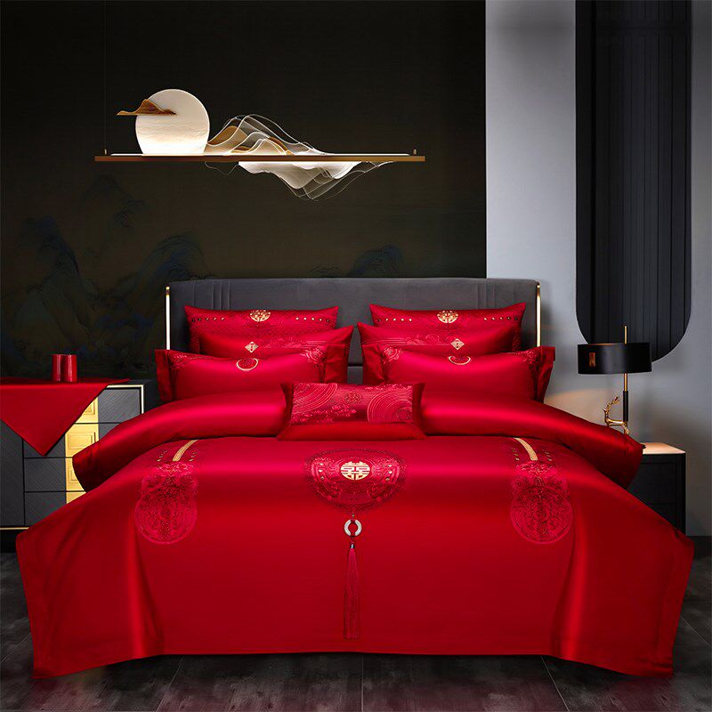 高档结婚十件套婚庆刺绣全棉床上用品红色喜被陪嫁婚房奢华四件套