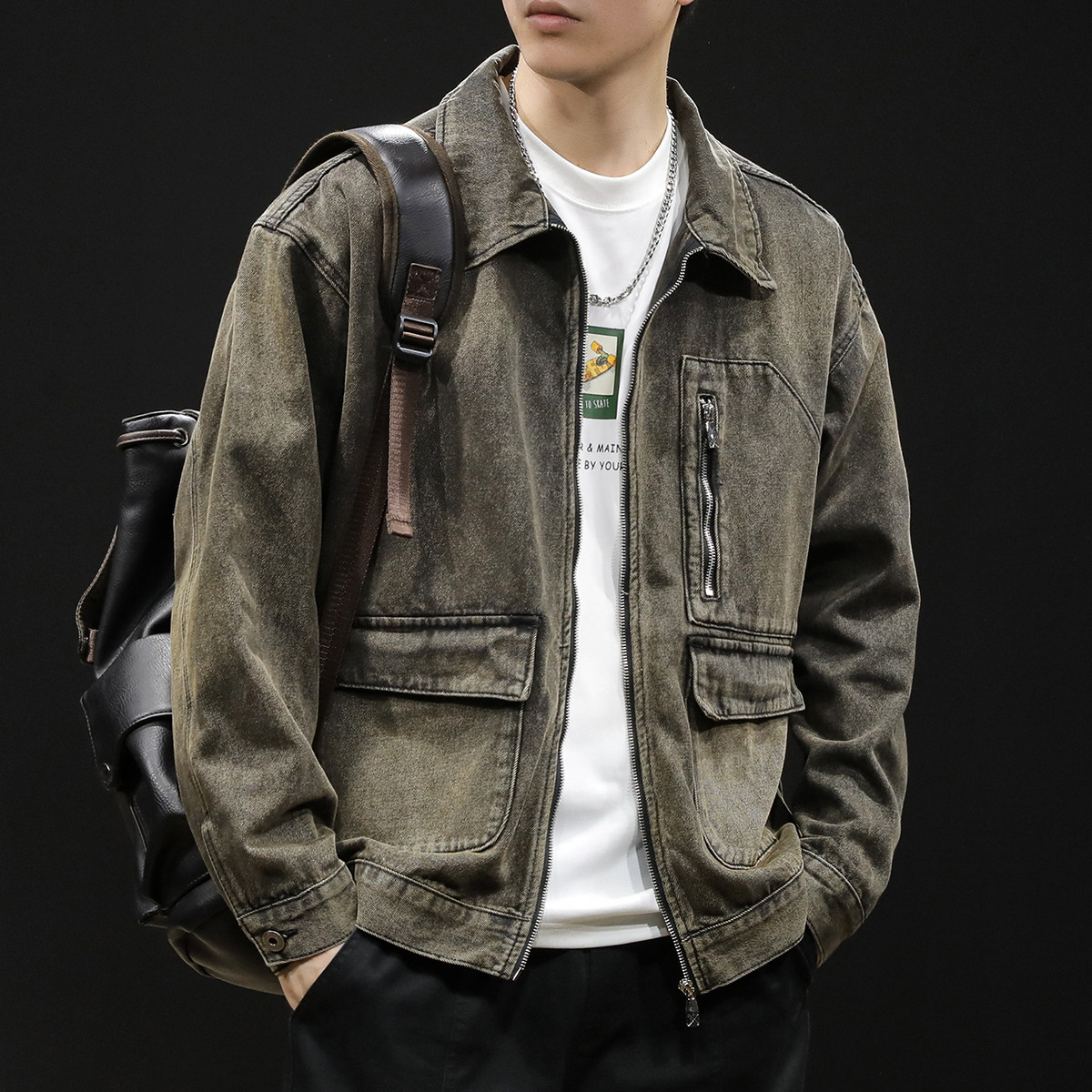复古高级感牛仔外套男2024新款春秋季多口袋潮牌大码男士工装夹克,男装,牛仔外套,淘宝优惠券,粉丝福利购,淘宝优惠卷