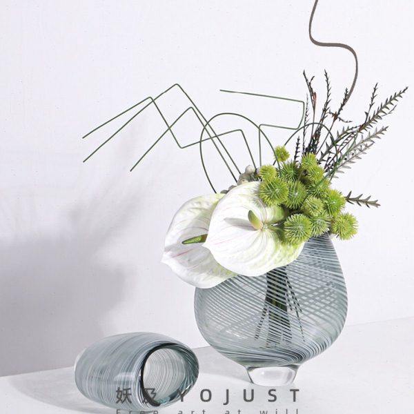 妖及北欧蓝色琉璃条纹花瓶室内居家餐桌鹅掌白绿花艺花束组合摆件,家居饰品,花瓶,淘宝优惠券,粉丝福利购,淘宝优惠卷