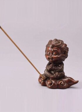 紫铜茶宠小物件 孙悟空至尊宝脚踏七彩祥云香插手把件 茶道摆件