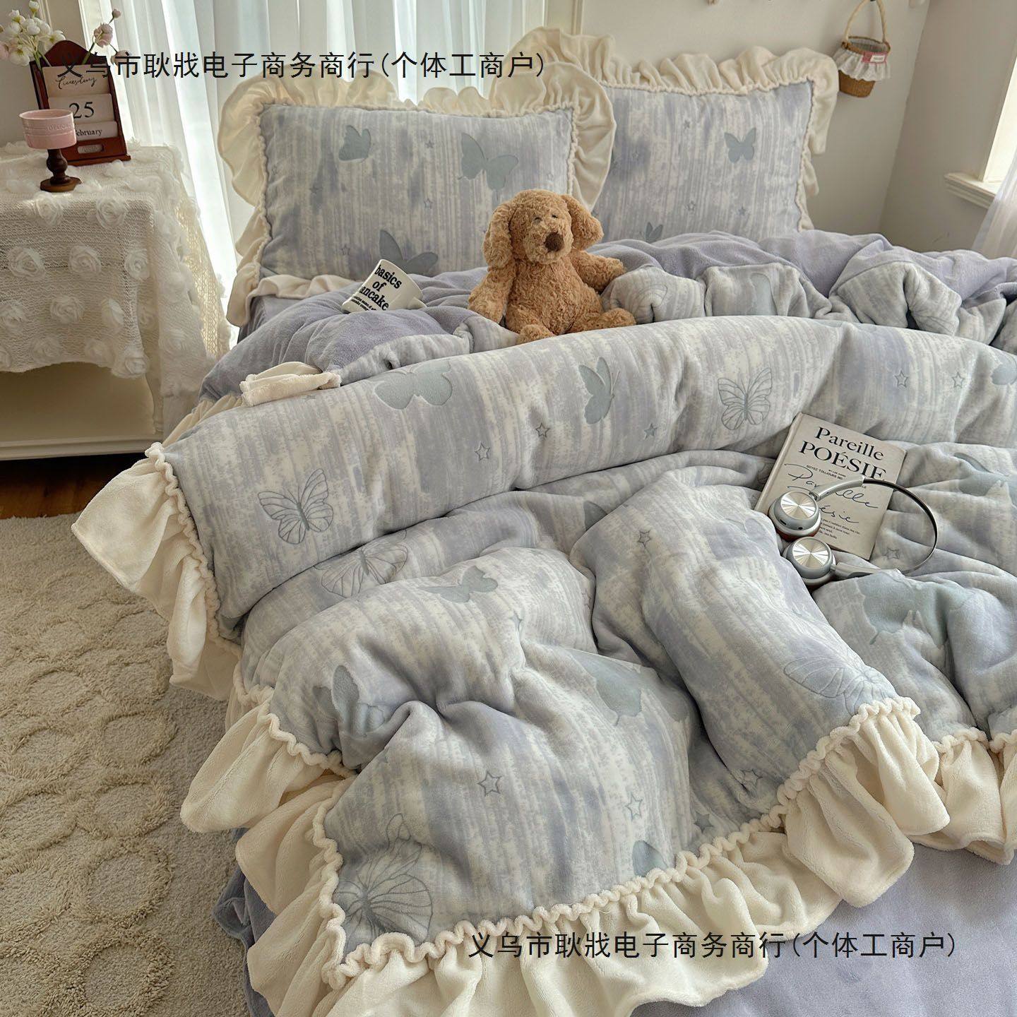 公主风雕花牛奶绒四件套冬季花边珊瑚绒加厚保暖被套床单人三件套,床上用品,学生床品套件,淘宝优惠券,粉丝福利购,淘宝优惠卷