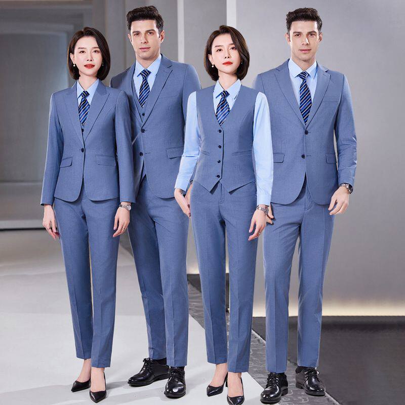浅蓝西服套装男女职业装定 制印高端正装4S店商务销售工装工作服