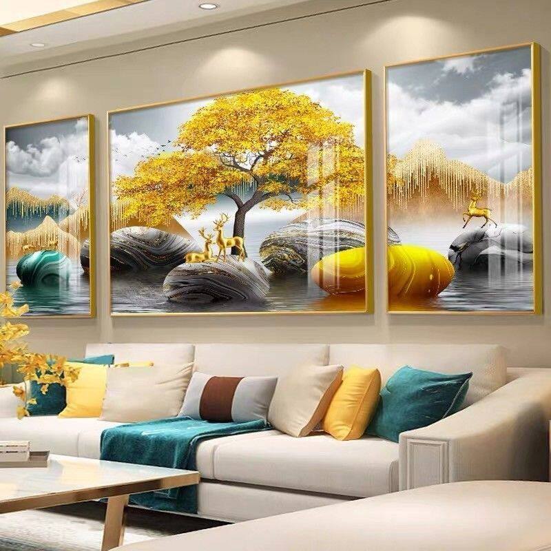 现代简约客厅装饰画沙发背景墙壁画晶瓷镶钻北欧轻奢三联挂画有框