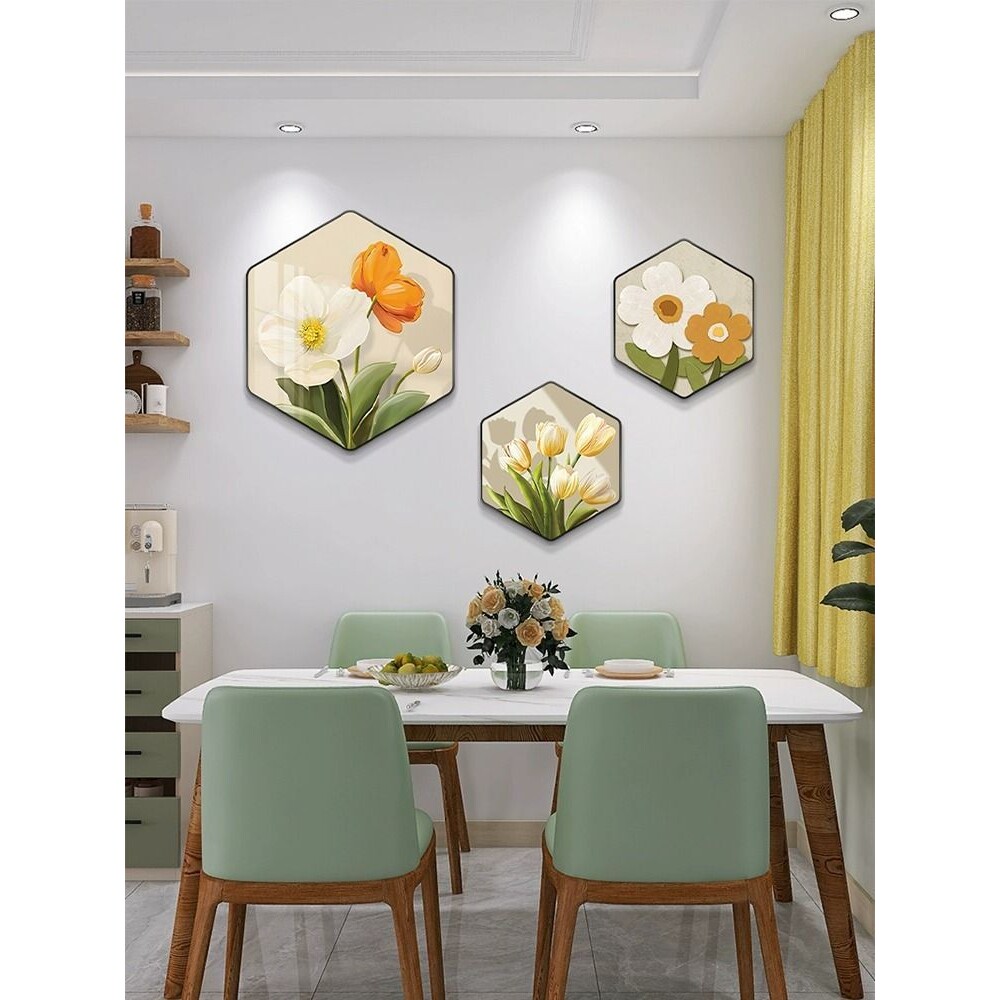 轻奢餐厅装饰画现代简约高级高档饭厅背景墙壁画花卉六边形挂画