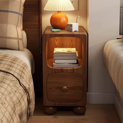 家用实木床头柜多功能无线充电创意置物架迷你超窄床边柜卧室带灯