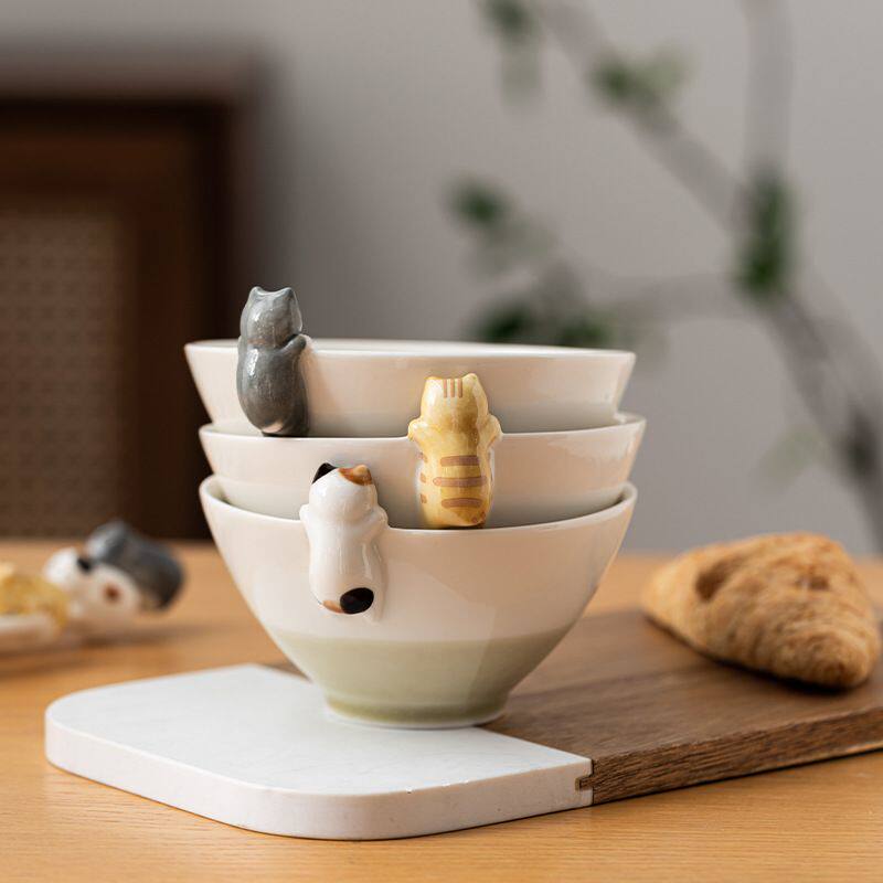 陶瓷可爱立体猫趴碗猫咪饭碗日式儿童个性创意餐具甜品辅食碗带勺