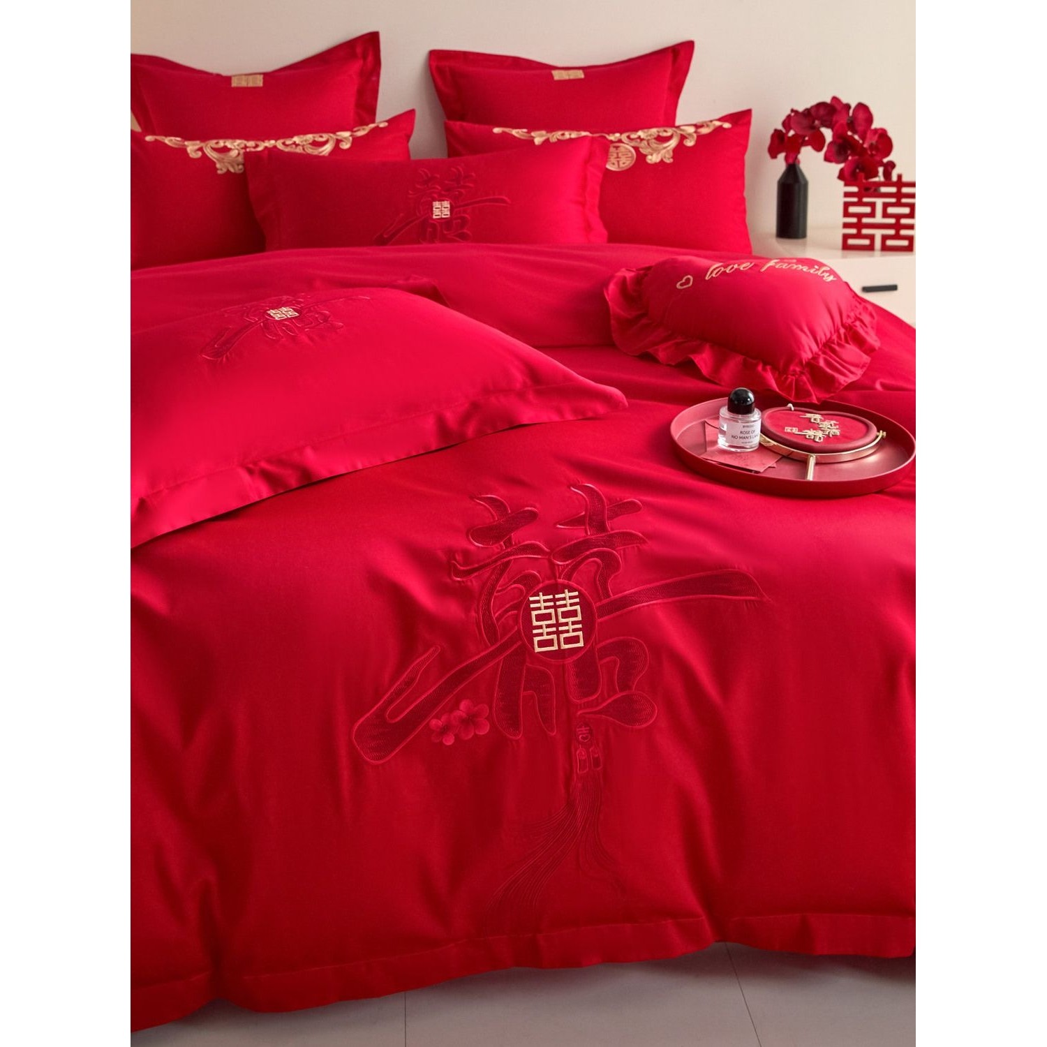 简约中式红色婚庆四件套结婚纯棉喜庆陪嫁被套新婚礼床上用品备婚,床上用品,婚庆床品套件,淘宝优惠券,粉丝福利购,淘宝优惠卷