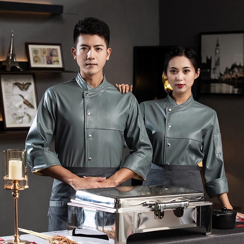 软PU皮厨衣防水防风加厚酒店饭店厨师服长袖厨师工作服定 制