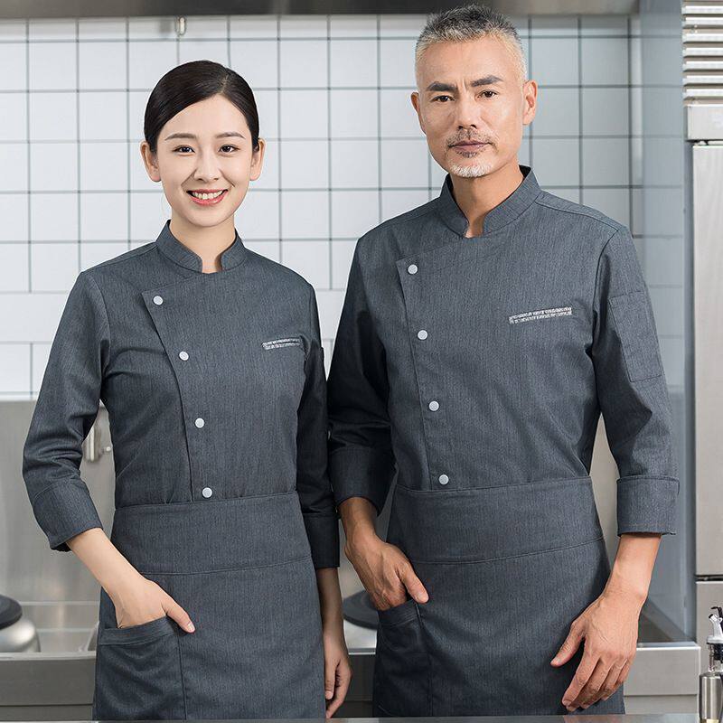 撞色灰口袋酒店厨师工作服男长袖西餐厅厨房服装烘焙餐饮食堂后厨