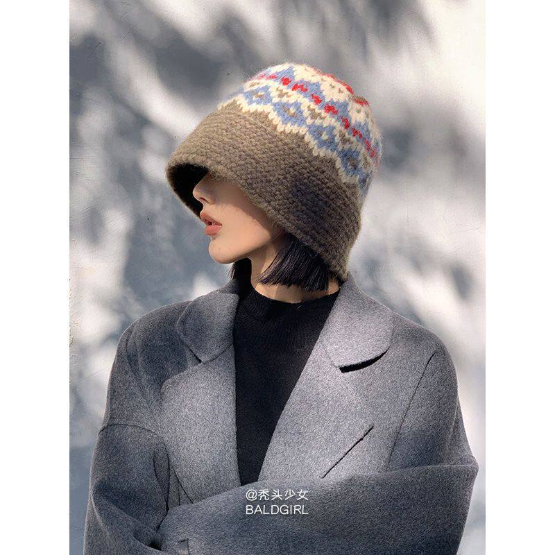 女羊毛费尔岛毛线帽渔夫帽新款冬季子女秋冬季复古保暖针织毛线帽