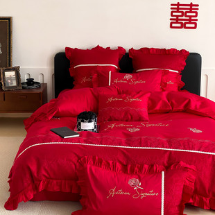 婚庆家纺大红色牀k上四件套全棉纯棉绣花结婚被罩铺盖婚房喜庆牀