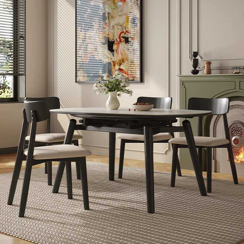 实木岩板餐桌现代简约伸缩可变圆桌方圆两用家用微晶石餐桌椅组合