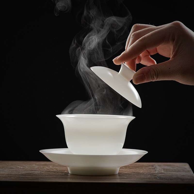 冰种玉瓷高冰茶具骨瓷白瓷三才盖碗便G携式羊脂玉上档次时尚简约