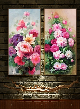 新中式 牡丹花卉 diy数字油画手工填色油彩画玄关客厅墙壁装饰画