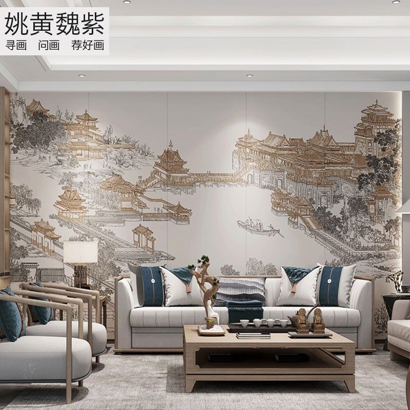 中式刺绣壁纸线描亭台楼阁壁画古典绣印壁布餐馆包房宋式背景墙布,家装主材,定制壁画,淘宝优惠券,粉丝福利购,淘宝优惠卷