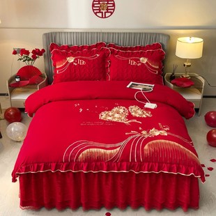 大红色婚庆四件套夹棉加厚床裙款 1.8m2米双人套件 床罩蕾丝刺绣款