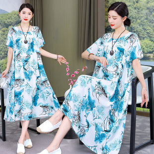 50岁 大摆人造棉长裙子婆婆夏装 新款 中年洋气妈妈棉绸连衣裙女夏季