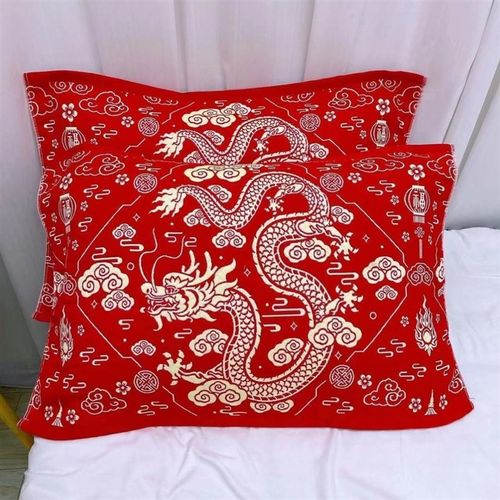 龙年本命年红枕巾龙年新春款2024红枕巾加大加厚棉纱布本命年枕头