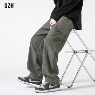 裤 垂感裤 男直筒宽秋季 休闲阔腿直筒裤 子2023新款 男生军绿色工装