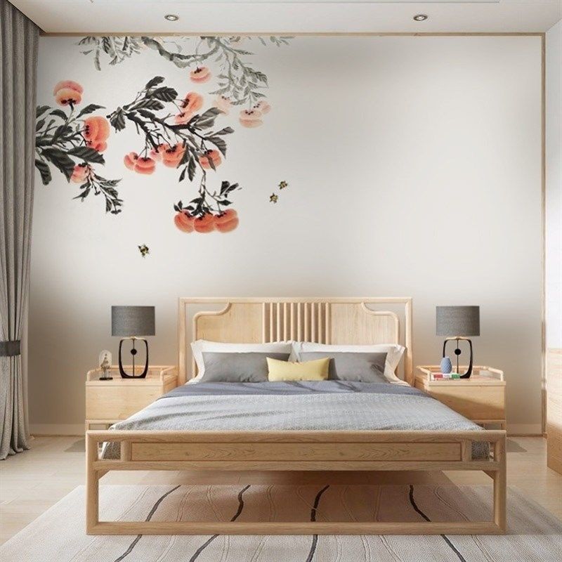 新中式手绘柿柿如意墙布火锅店餐饮店茶室壁画客厅沙发背景墙壁,家装主材,无纺布墙纸,淘宝优惠券,粉丝福利购,淘宝优惠卷