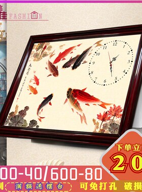 电表箱装饰画带钟表新中式实木配电箱免打孔液压上翻中国画遮挡画