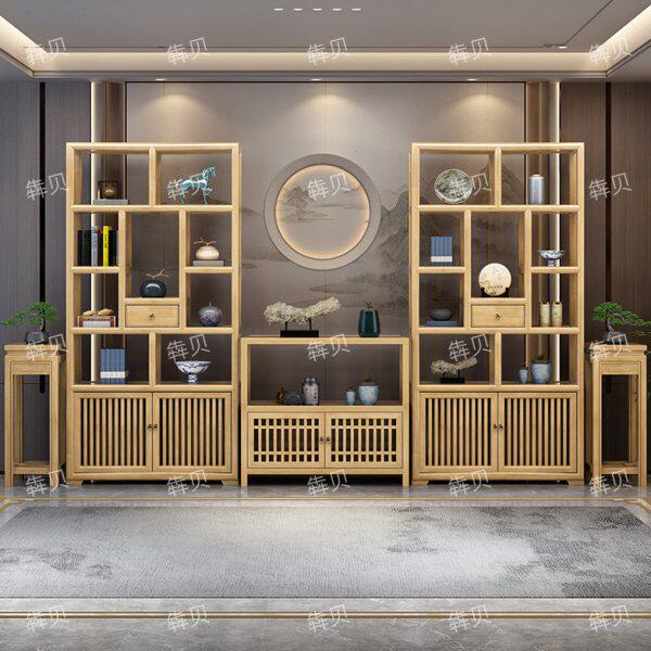 原木色馆客厅置物架茶实木多宝阁新中式博古架茶室现代简约展示柜