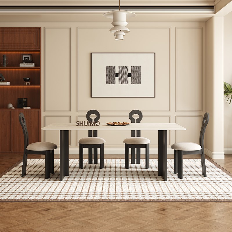 德利丰实木岩板洞石餐桌铝合金黑色客厅家用小户型U现代简约饭桌