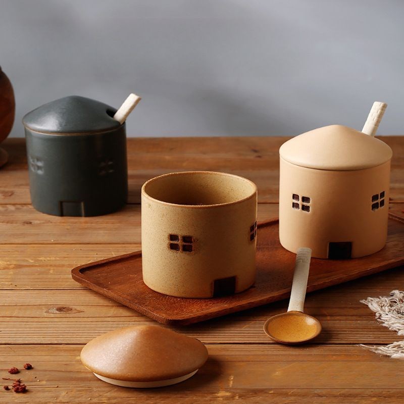 原创侘寂风格手作陶瓷厨房调味罐纯色房子K创意日式高级质感咖啡