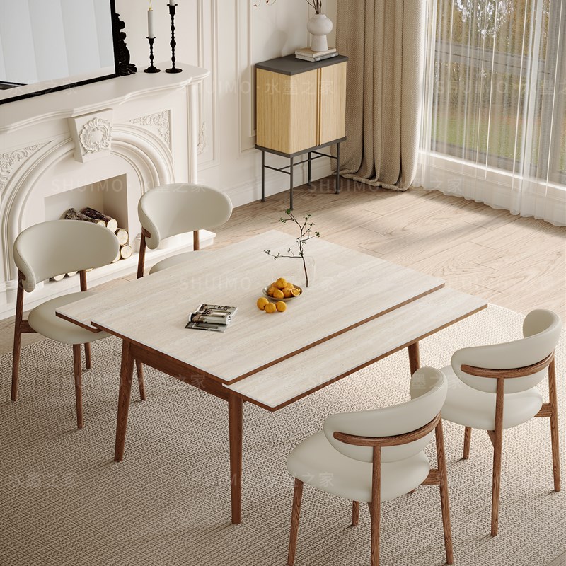 可伸缩德利丰岩板餐桌实木变宽小户E型长方形白蜡木中古风折叠桌