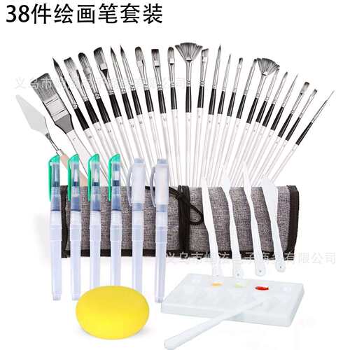 跨境热卖38支尼龙毛画笔套装银灰杆笔帘油画笔水粉水彩画笔刷工厂