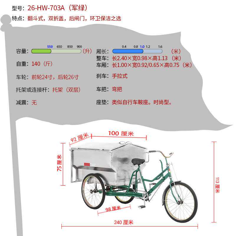 人力脚踏清洁环卫车不锈钢半封闭保洁自卸城市清扫垃圾车