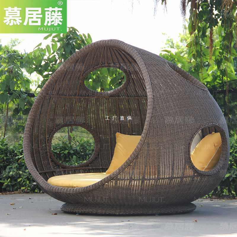 户外躺椅庭院露天防水鸟巢躺床阳台圆藤藤编室外蘑菇床藤沙发