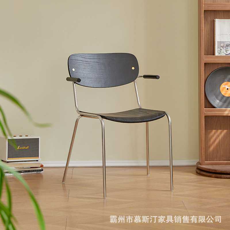 意式轻奢靠背椅简约复古金属/MESSI不锈钢胡桃木曲木座面扶手餐椅