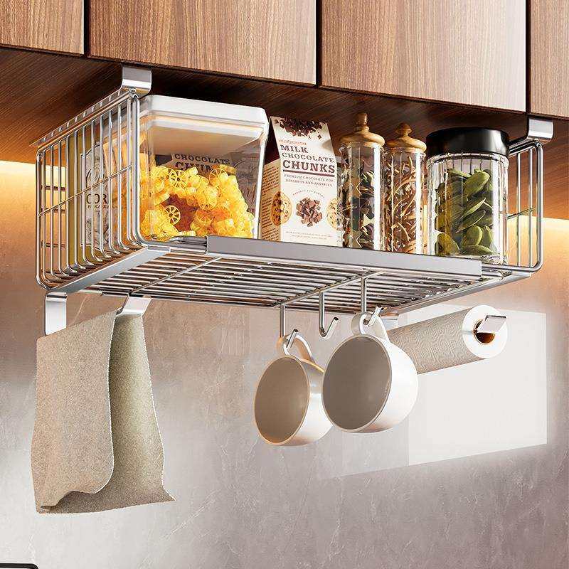 不锈钢厨房分层置物架悬挂收纳神器调料挂篮免安装橱柜内下