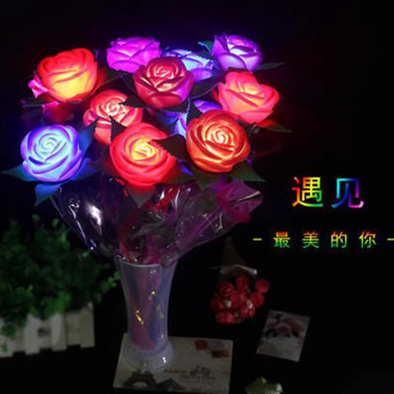 带枝叶仿真玫瑰花七彩小夜灯 永不凋谢 发光玫瑰花灯 情人节礼品