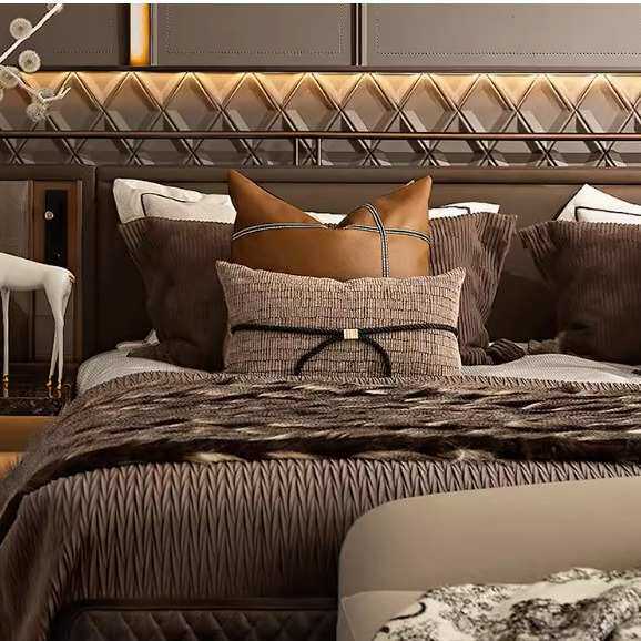 别墅样板房棕色床品简约轻奢橙色皮艺高端展厅床上用品四12件套