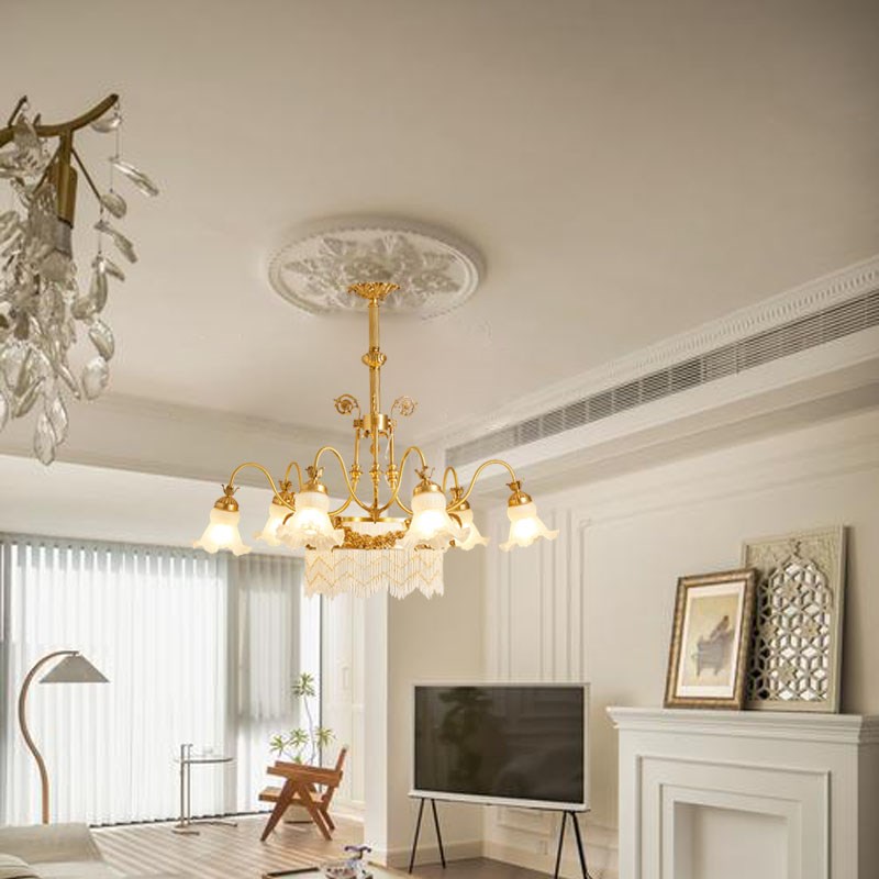 法式复古黄铜珠帘玻璃u花苞客厅吊灯浪漫中古楼梯复式顶灯