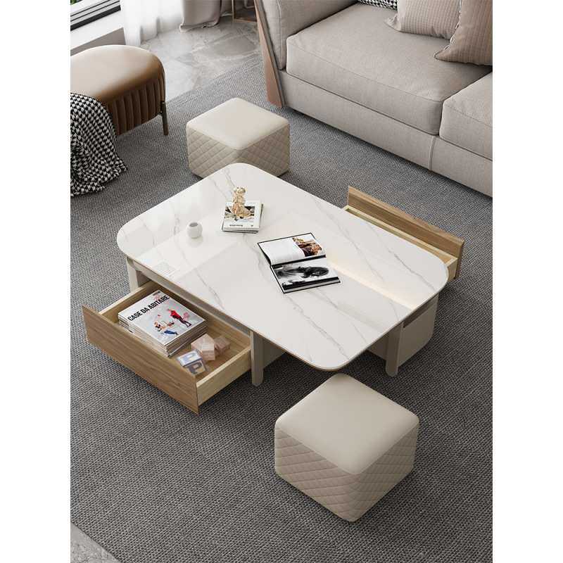 现代极简创意大小户型客厅家用长方形带凳子茶几微晶石台面茶几