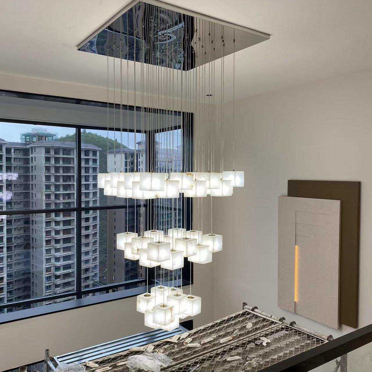 云石全铜客厅吊灯大气简约现代新中式别墅loft旋转楼梯设计师灯具
