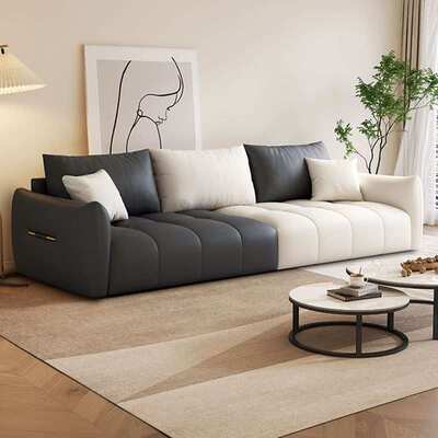 2024新款现代简约拼色牛角沙发意式奶油风布艺沙发小户型客厅直排