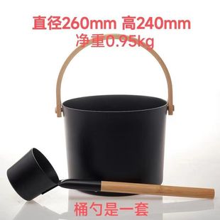 厂价直销 桑拿黑色铝桶铝勺圆勺 桑拿房用竹提手铝桶铝勺7L喷涂