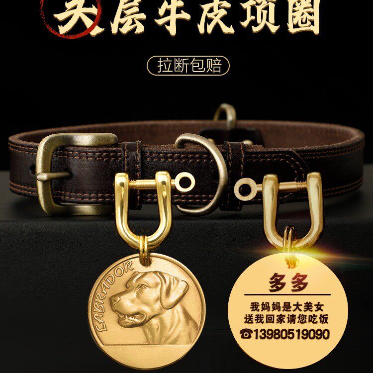 真皮狗狗项圈定 制狗牌铃铛刻字防丢中型大型小型犬小狗圈宠物颈