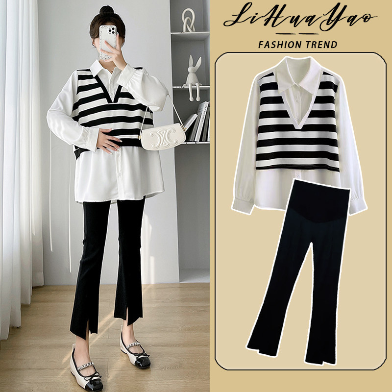 孕妇套装时尚洋气时髦2023新款外出中长款衬衣上衣裤子两件套春秋