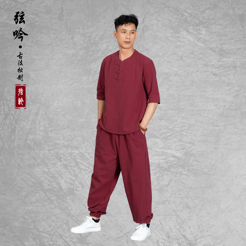 夏季棉麻中国风男潮青年汉服套装V领五分短袖唐装T恤中式背心大码,男装,唐装,淘宝优惠券,粉丝福利购,淘宝优惠卷