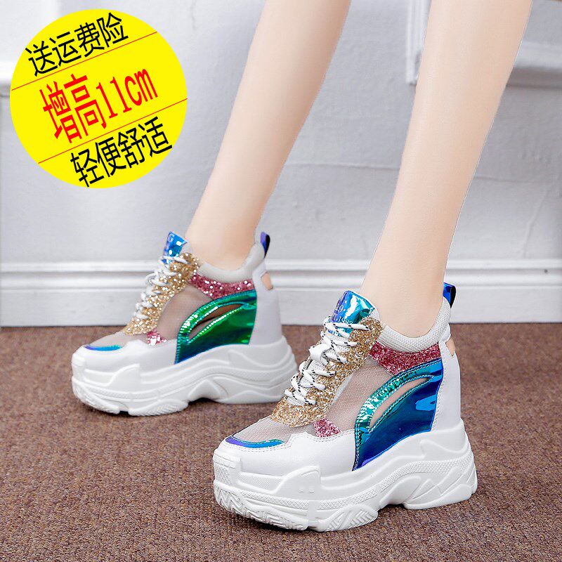 亮片网纱11cm内增高厚底松糕运动网鞋女2024夏季新款透气休闲凉鞋