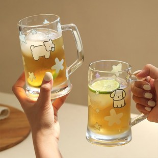 蓝莲花玻璃高颜值大容量水杯啤酒杯果汁冷饮专用杯带把手家用杯子