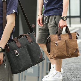 单肩包男士包包商务男土手提包横款帆布潮牌上班学生男包休闲背包