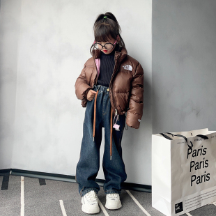 女童冬装羽绒服儿童加厚洋派短款童装2023新款黑色立领面包服大童