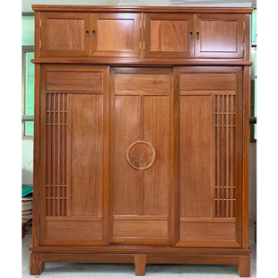 红木家具衣柜金花梨木原木菠萝格全实木新中式推拉门顶箱衣柜整装